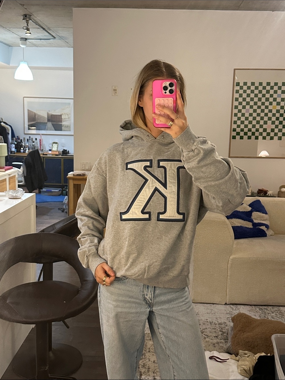 Good American Gray Crewneck Hoodie with Bold Navy Logo